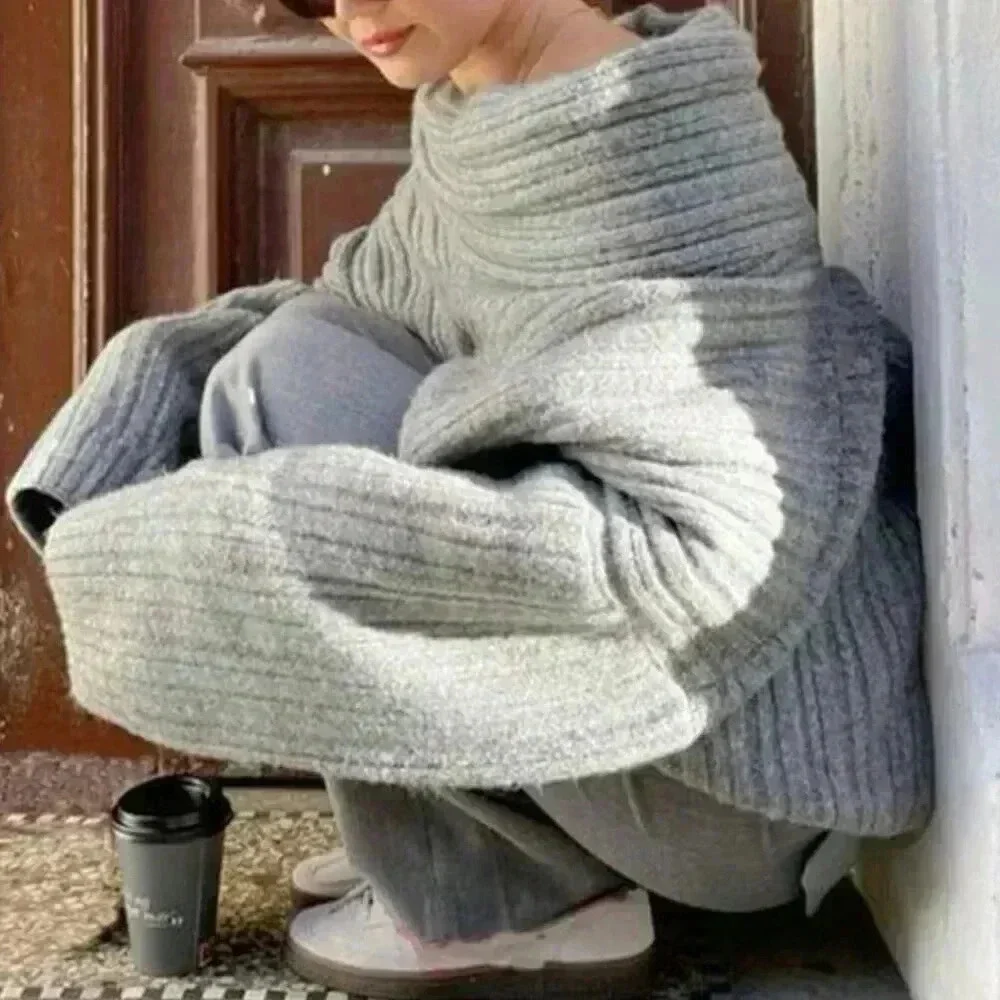 Grey Casual Women's Asymmetric Collar Long Sleeve Loose Sweater